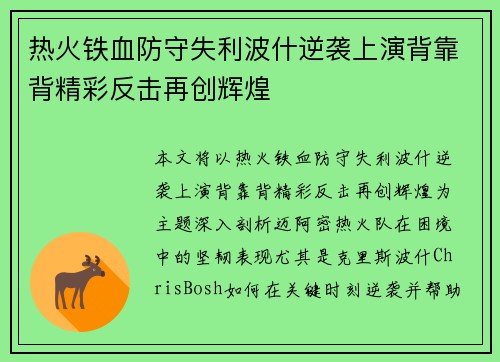 热火铁血防守失利波什逆袭上演背靠背精彩反击再创辉煌