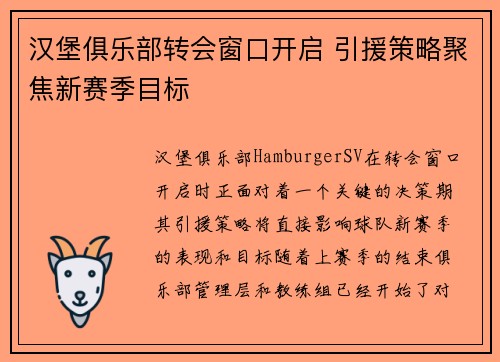 汉堡俱乐部转会窗口开启 引援策略聚焦新赛季目标