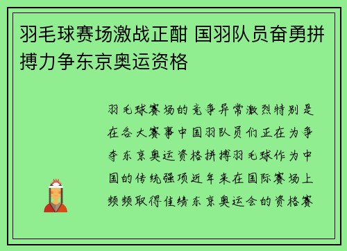 羽毛球赛场激战正酣 国羽队员奋勇拼搏力争东京奥运资格