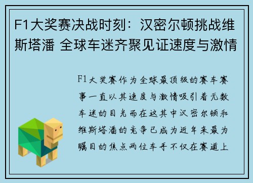 F1大奖赛决战时刻:汉密尔顿挑战维斯塔潘 全球车迷齐聚见证速度与激情
