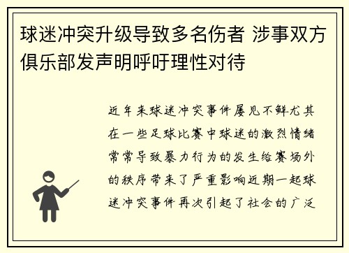 球迷冲突升级导致多名伤者 涉事双方俱乐部发声明呼吁理性对待