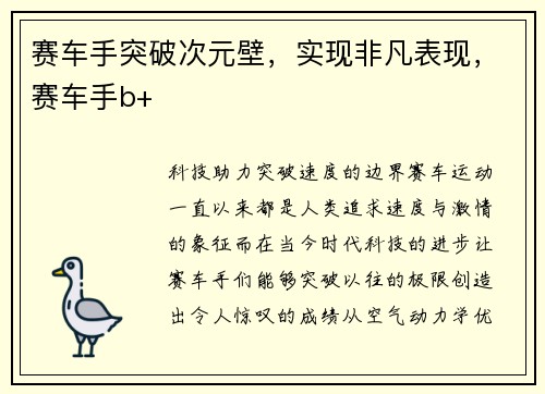 赛车手突破次元壁，实现非凡表现，赛车手b+