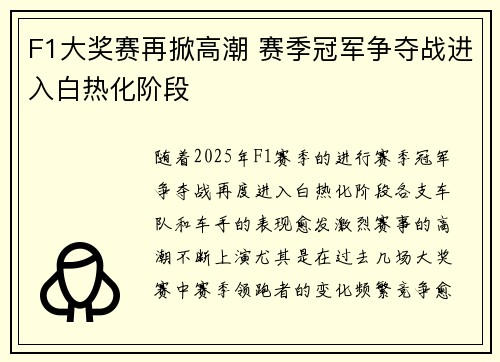F1大奖赛再掀高潮 赛季冠军争夺战进入白热化阶段